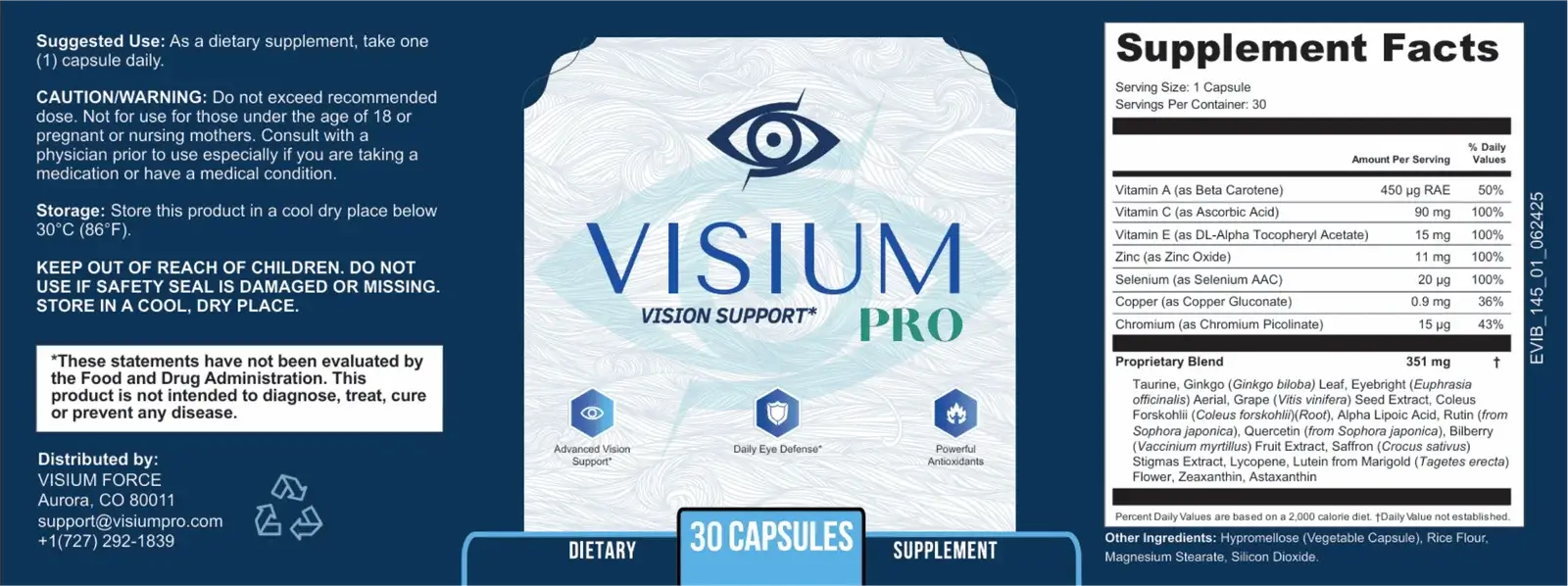 Visium Pro Supplement Facts Label – Full Ingredient Transparency